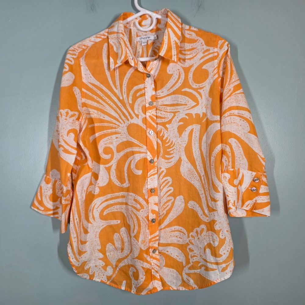 Chicos 100% Linen Orange White Abstract Swirl Print Button Down Shirt Size 1 M